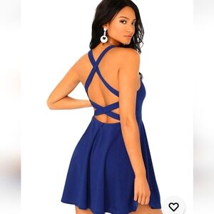 Women's Scoop Neck Backless Criss Cross Flare A-Line Party Dress Royal Blue